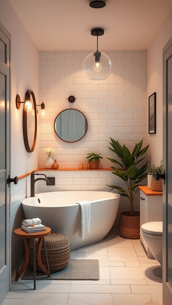 A stylish tiny bathroom featuring smart lighting solutions with a pendant light, wall sconces, and a round mirror.