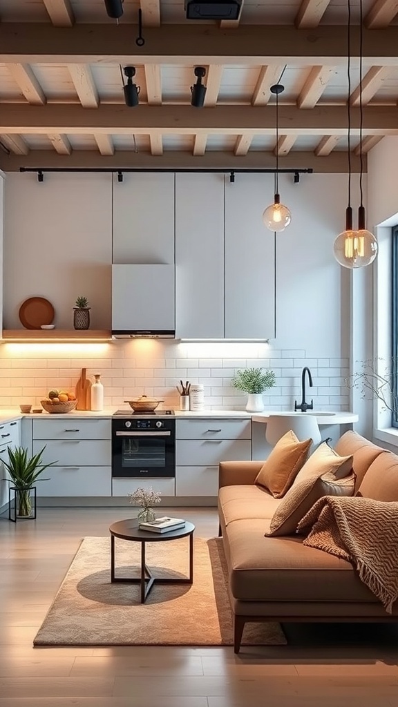 Modern kitchen with smart lighting solutions, featuring pendant lights, recessed lighting, and under-cabinet illumination.