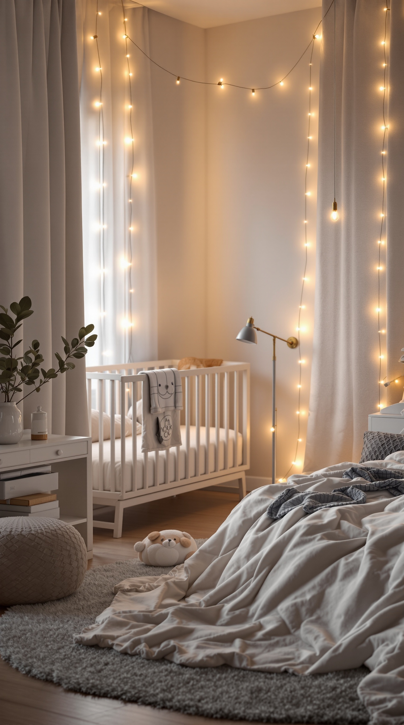 A cozy baby room with warm fairy lights, a crib, and a stylish lamp.