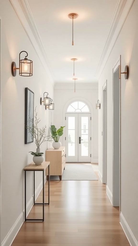 A well-lit small hallway featuring ceiling lights and wall sconces, with a console table and plants.