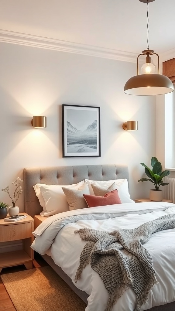 A small, cozy bedroom featuring stylish smart lighting solutions, including a pendant light and wall sconces.