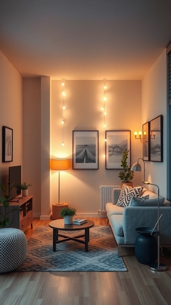 Cozy studio apartment with warm lighting and decorative elements