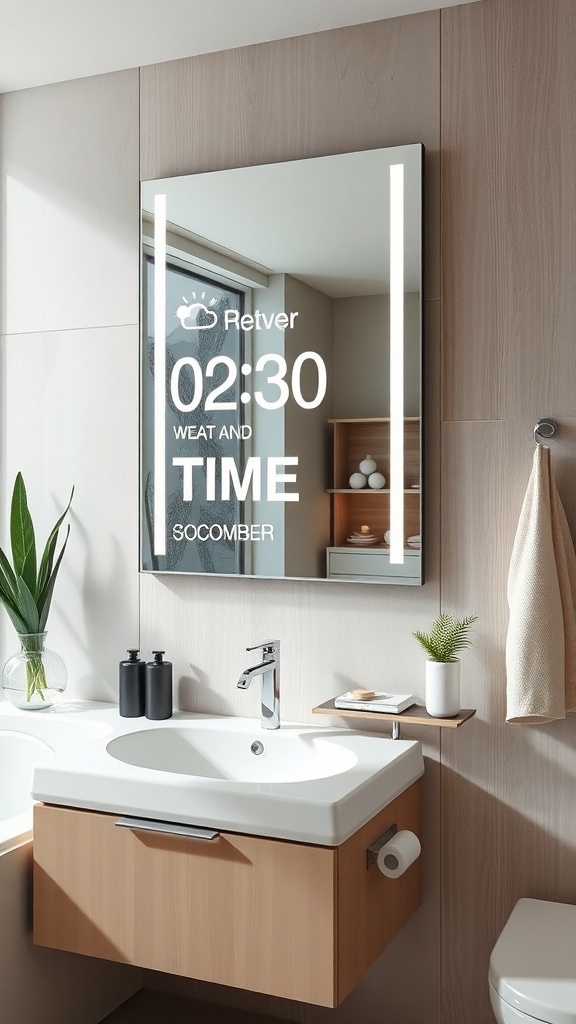 A modern bathroom featuring a smart mirror displaying time and weather information.