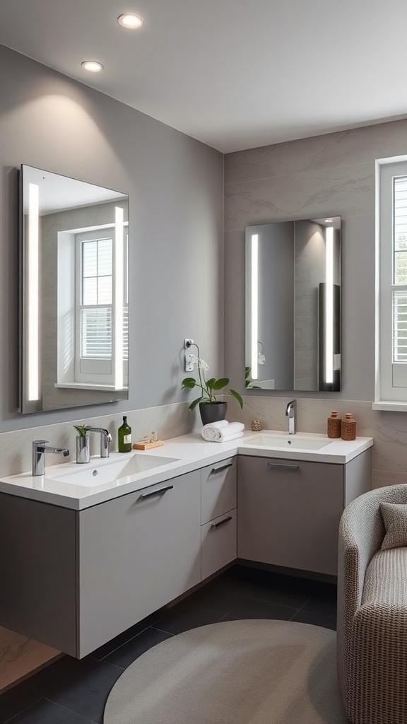 A modern bathroom featuring a double sink and two smart mirrors with LED lighting.