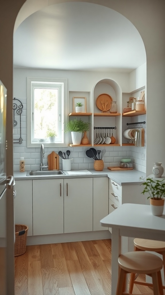 A small kitchen with open shelves, hanging utensils, and decorative plants.