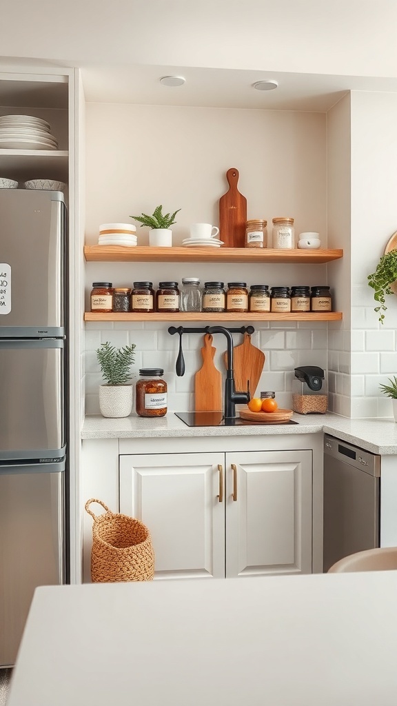 A small apartment kitchen with organized shelves and a clean countertop.