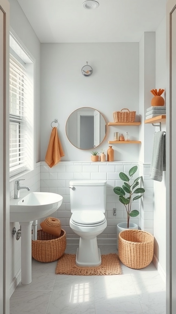 A small bathroom featuring smart storage solutions with shelves, baskets, and a mirror.
