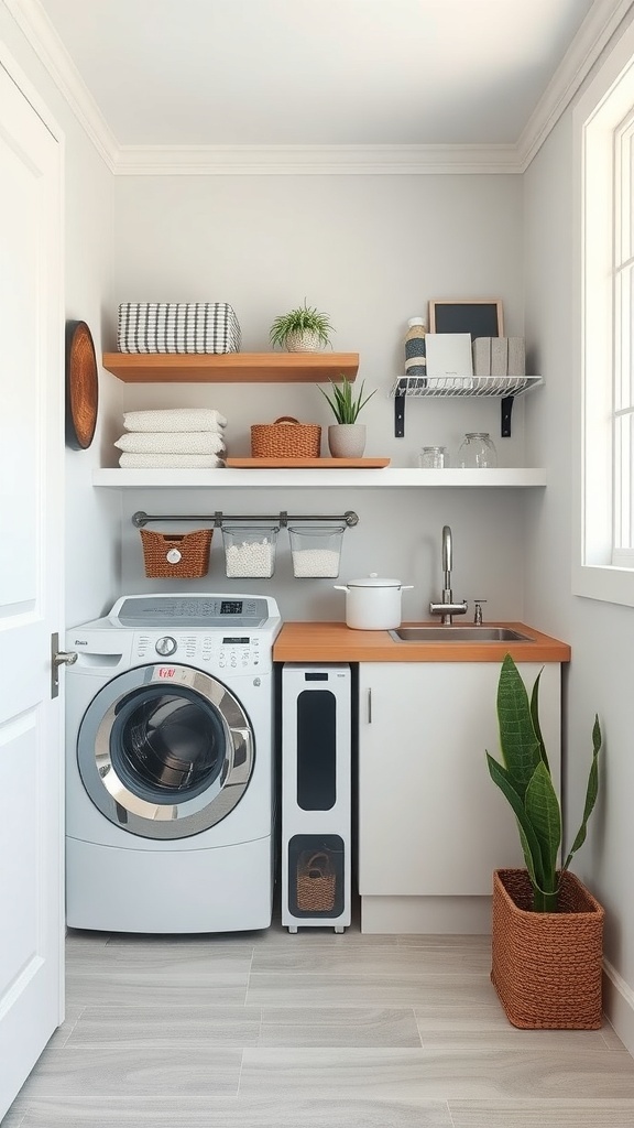 A small laundry room featuring a washing machine, wooden shelves, and decorative storage baskets.