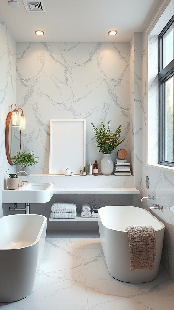 A modern marble bathroom featuring a floating shelf, open shelving, and plants.