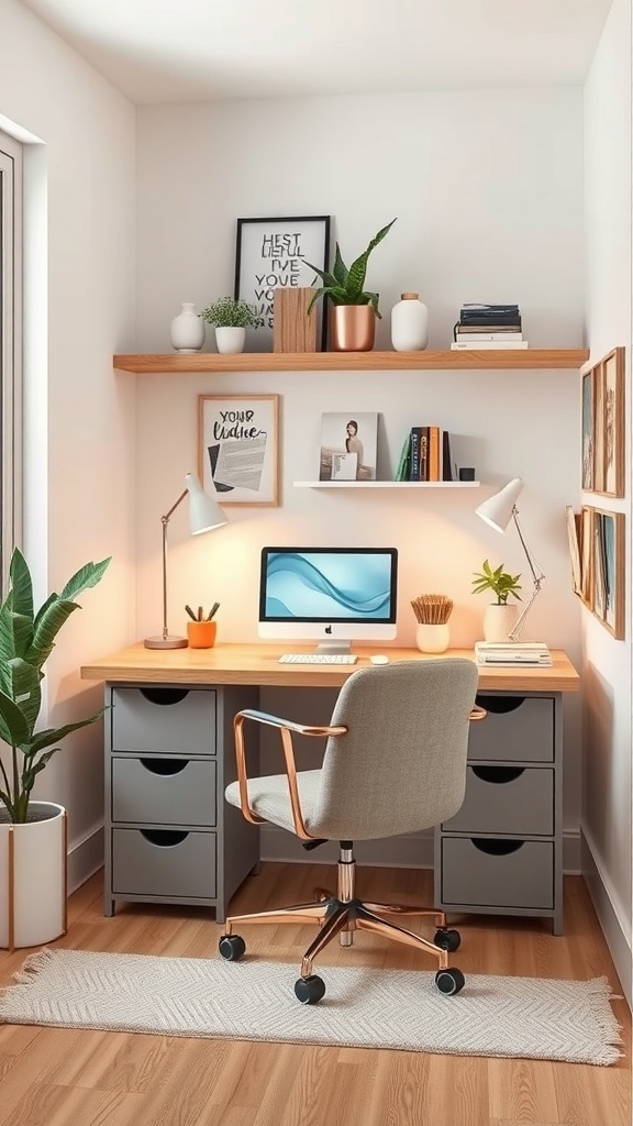 A small office setup featuring a desk with drawers, open shelves, and plants.
