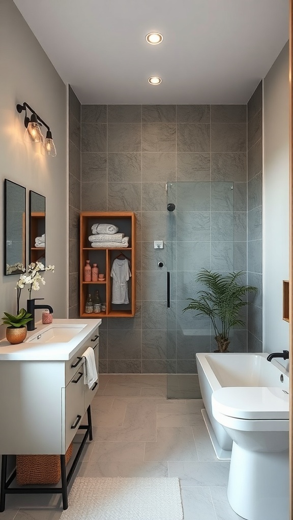A modern small bathroom featuring a shower, stylish storage solutions, and a relaxing atmosphere.