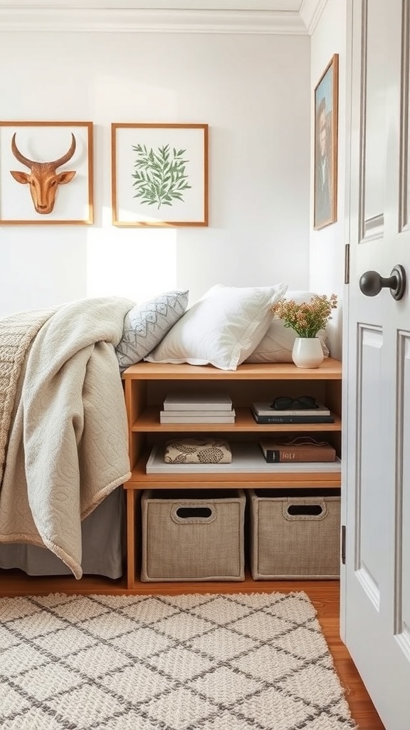 A cozy bedroom with a bed and organized storage underneath, featuring shelves and baskets.