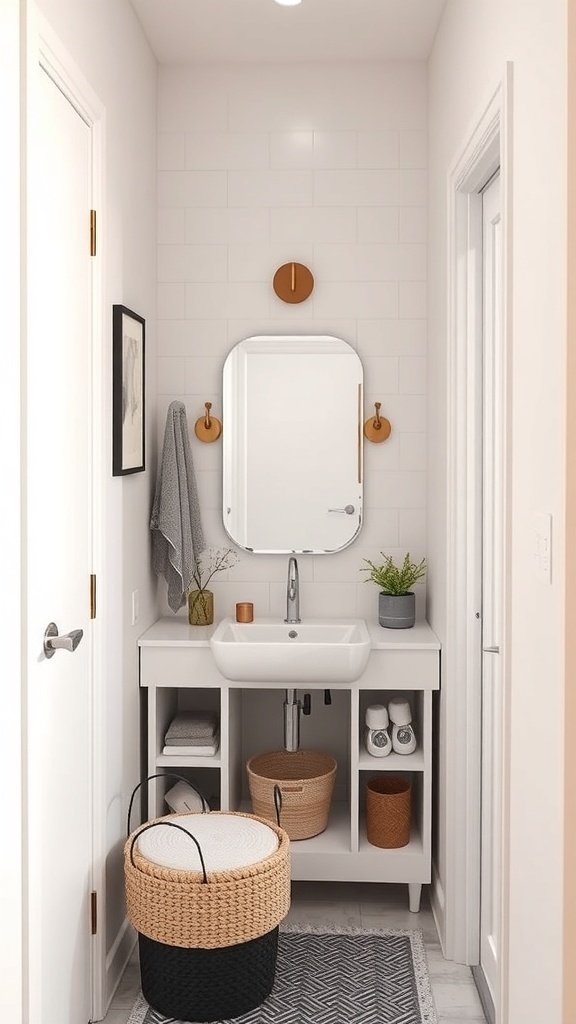 A narrow bathroom featuring a clean white sink area with open shelving beneath, organized baskets, and a small plant.