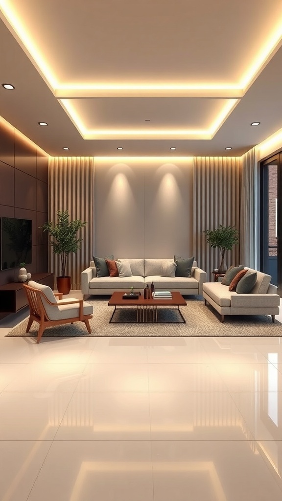 A modern living room with smart lighting and minimalist furniture.