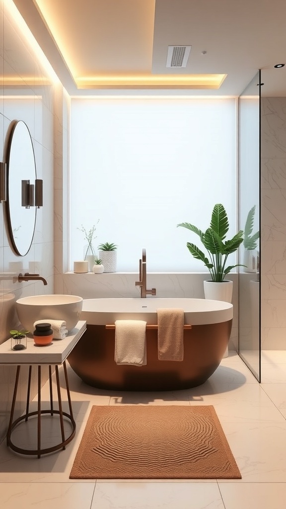 A modern luxury bathroom featuring a freestanding tub, smart mirror, and stylish decor.
