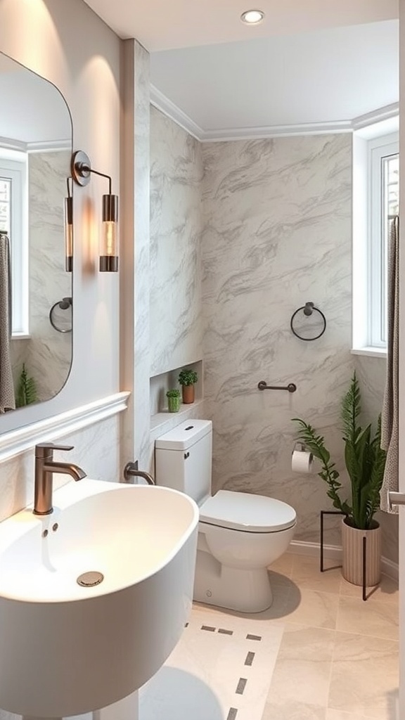 A minimalist small bathroom featuring modern fixtures, smart technology, and plants.