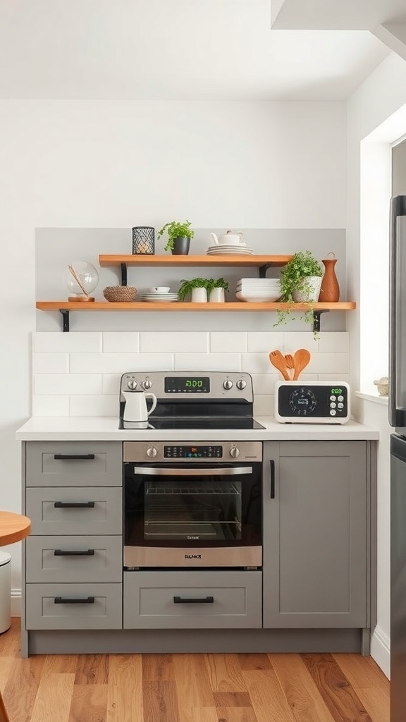 A modern small kitchen with gray cabinets, open shelving, and smart appliances.