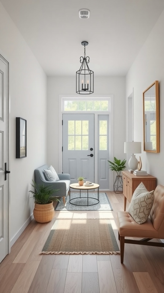 A modern small foyer with smart technology elements.