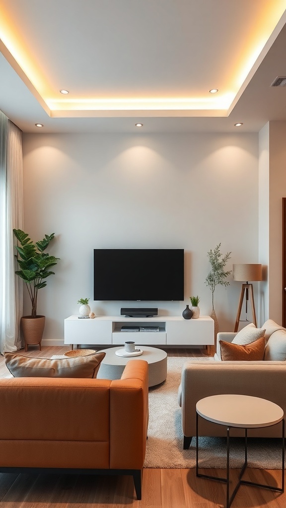 A cozy contemporary living room featuring smart technology integration with a flat-screen TV, stylish furniture, and warm lighting.