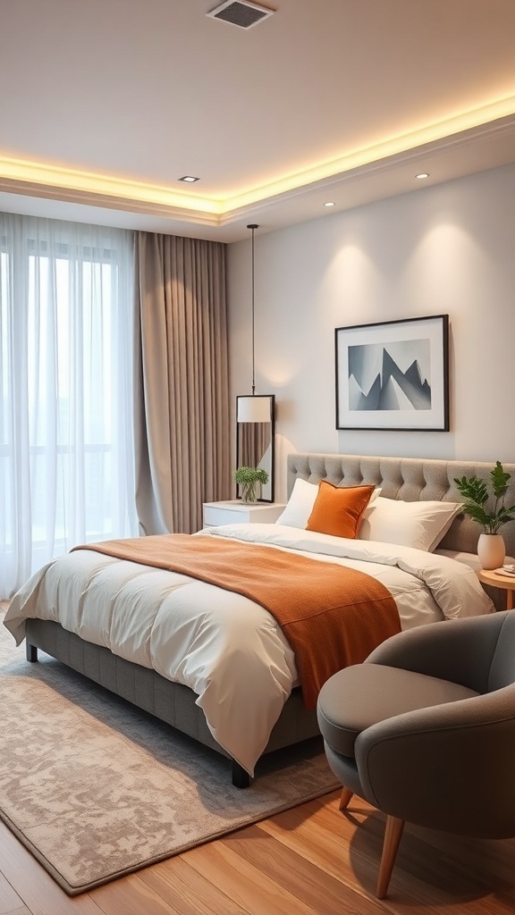 A modern bedroom with smart technology features, including adjustable lighting and a cozy design.