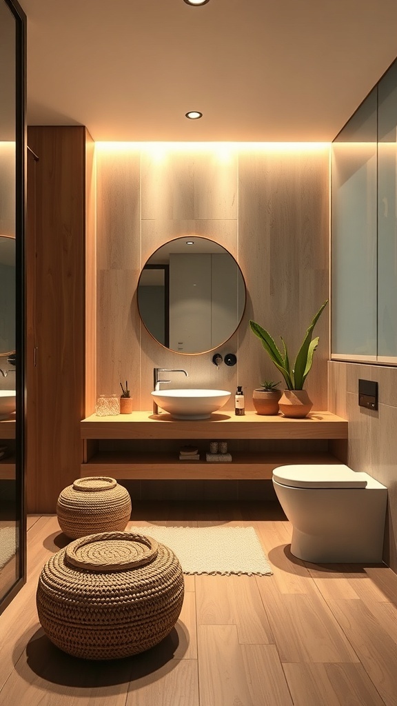 A modern Japandi bathroom featuring smart technology, natural wood elements, and stylish decor.