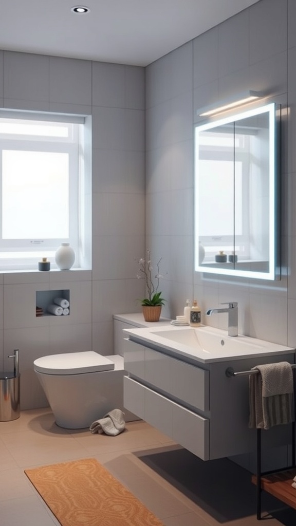 A modern bathroom featuring a sleek vanity, illuminated mirror, and smart technology elements.