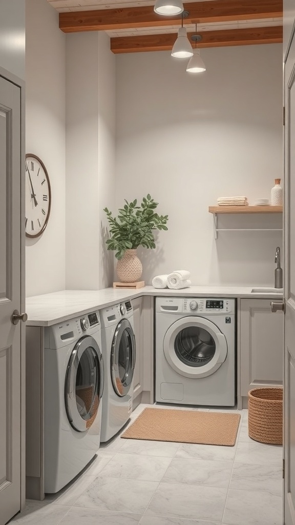 A stylish laundry room featuring modern appliances, a clean design, and smart technology.