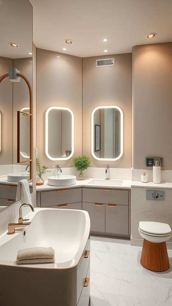 A modern bathroom featuring smart technology integration, including illuminated mirrors, touchless faucets, and a sleek design.