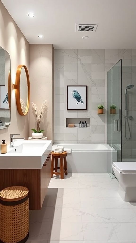 A modern basement bathroom featuring a sleek design with a mirror, shower, and stylish decor.