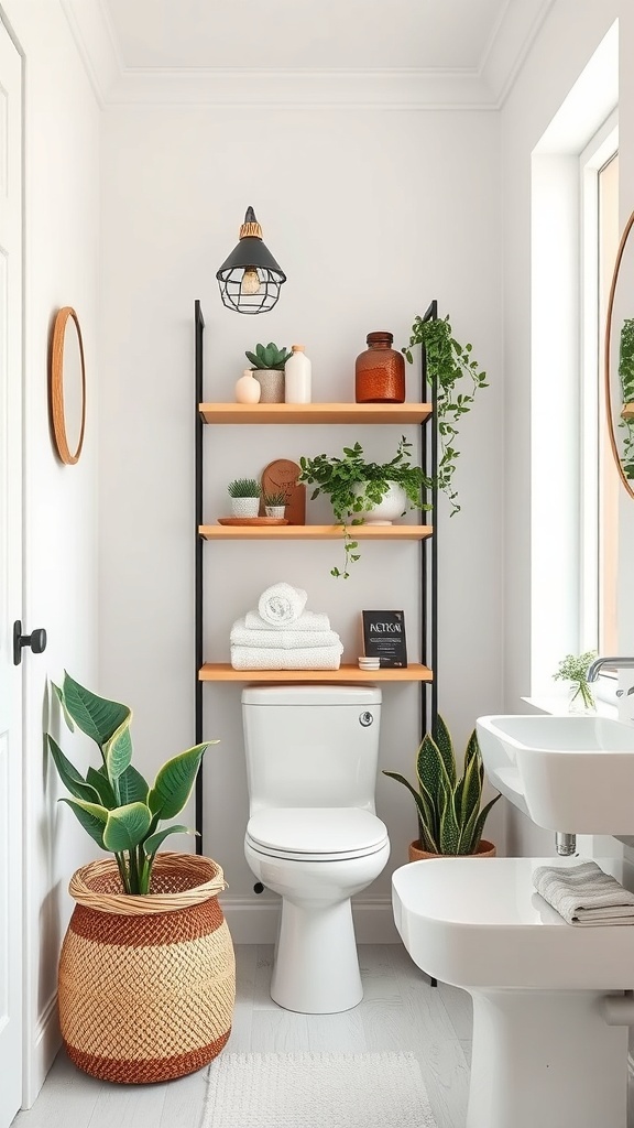 A small bathroom featuring corner shelving with towels and plants, a toilet, and a woven basket.