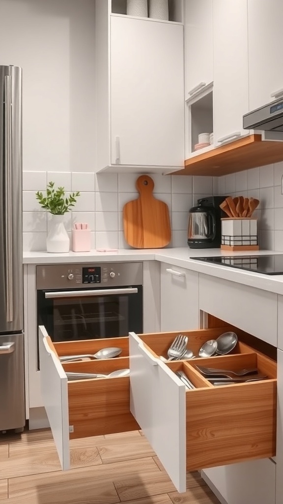 A modern kitchen with organized drawers featuring dividers for utensils.