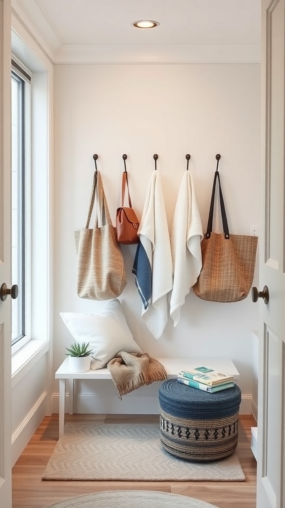 A small entryway with hooks on the wall holding bags and blankets, a small table with a plant and books, and a cozy rug.