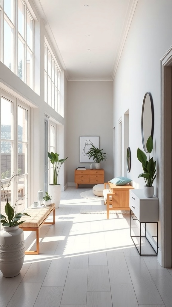 Bright hallway with large windows, plants, and minimal furniture.