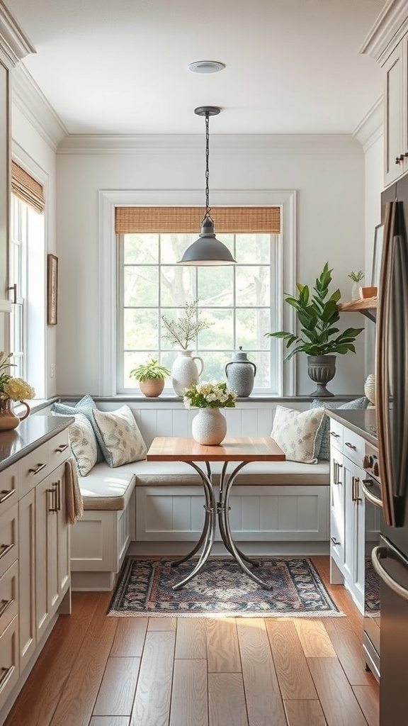 Cozy kitchen nook with a built-in bench, round table, and plants.
