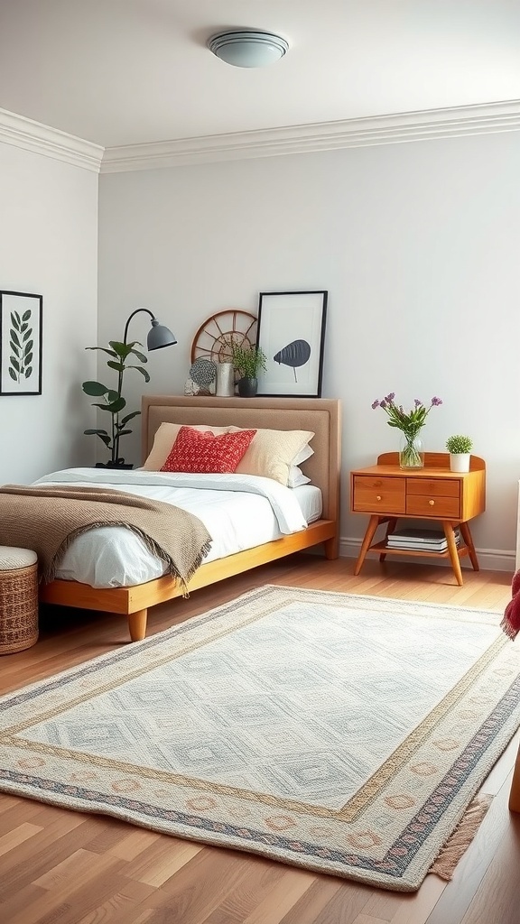 A small guest bedroom featuring a large area rug, wooden furniture, and decorative accents.