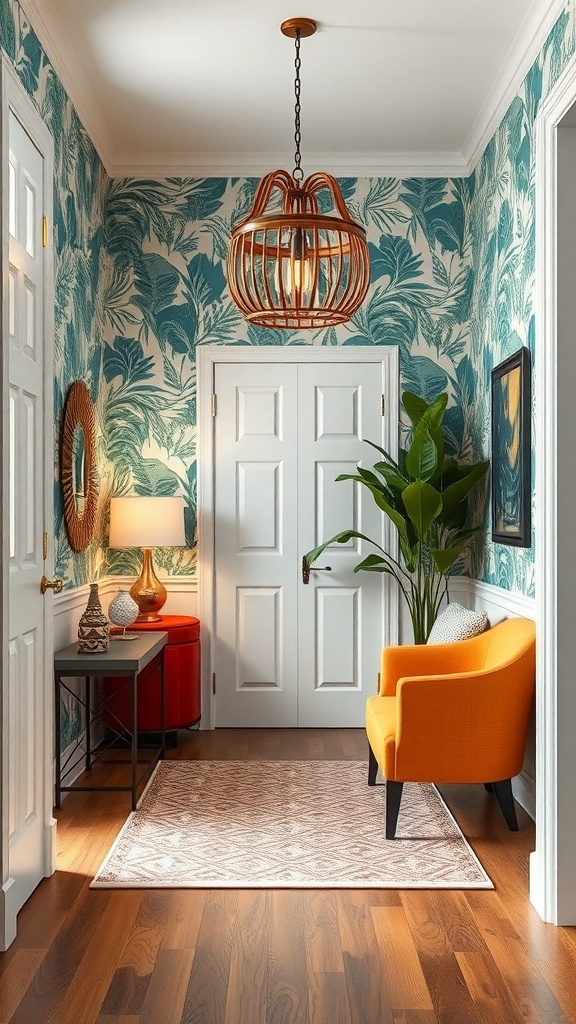 A small entryway featuring tropical wallpaper, an orange chair, a table, and a plant.