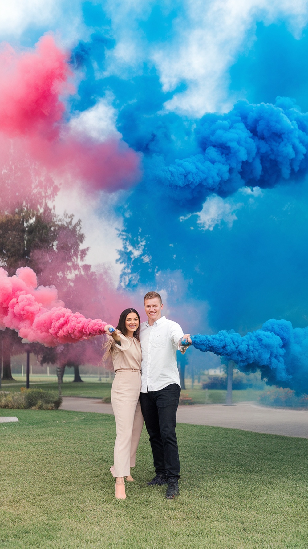 A couple holding smoke bombs with pink and blue smoke in a park