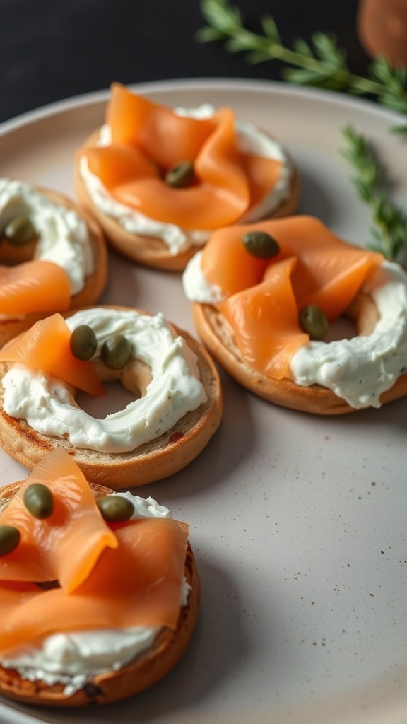 A plate of bagels topped with cream cheese and smoked salmon, garnished with capers.