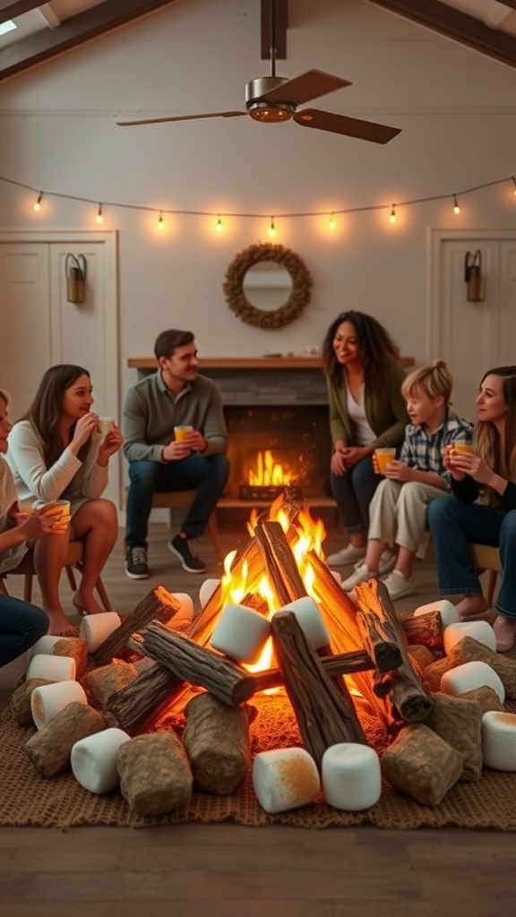 A cozy indoor birthday celebration with a faux campfire, friends and family enjoying s'mores.