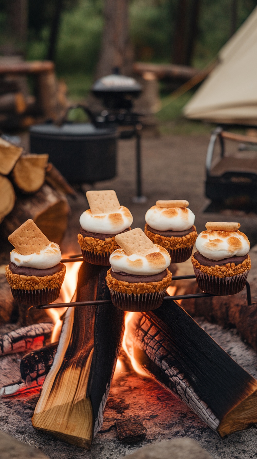 S'mores cupcakes with toasted marshmallow frosting over a campfire