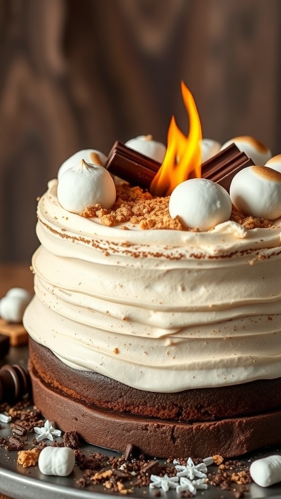 S'mores inspired bridal shower cake with chocolate and marshmallow toppings.