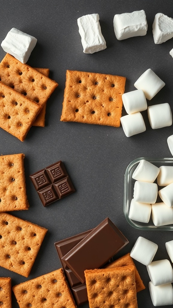 An array of s'mores ingredients including graham crackers, marshmallows, and chocolate, perfect for a dessert table.