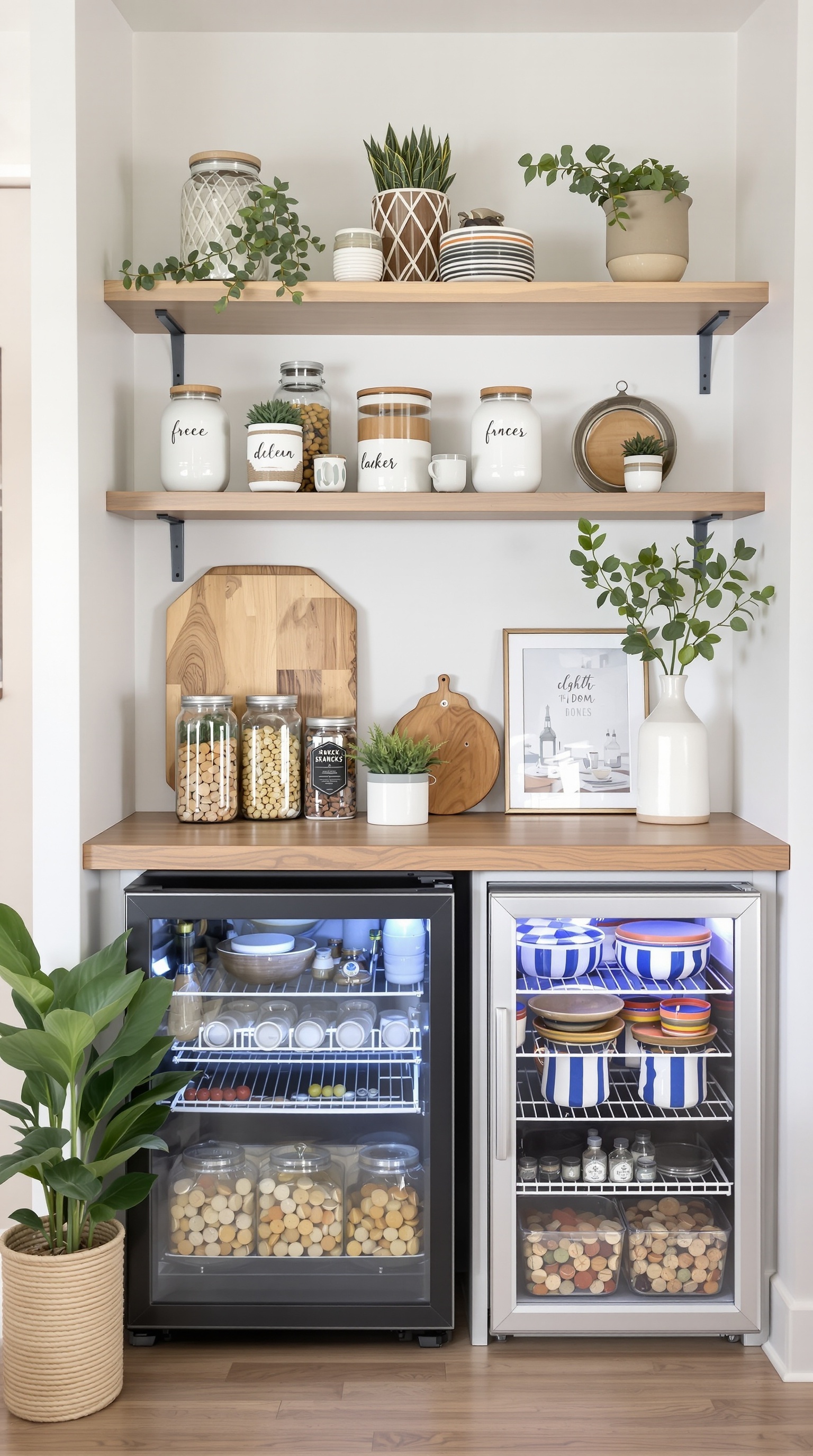 Cozy basement snack and beverage station with jars and mini-fridges