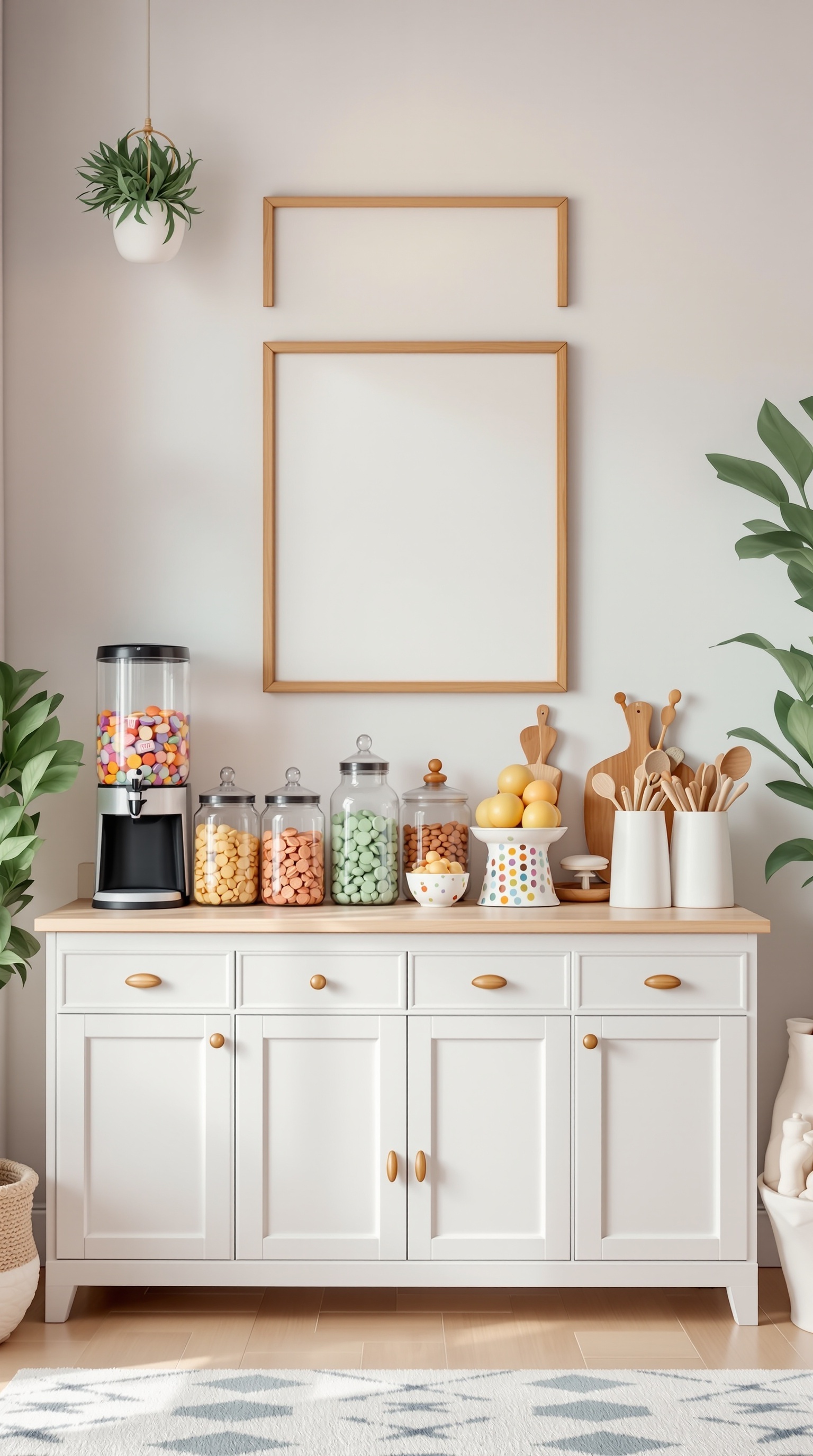 A colorful snack and refreshment station with jars of candies and fruits on a white cabinet.