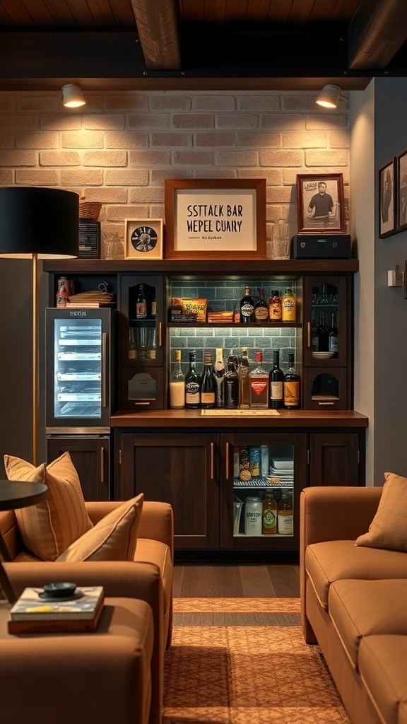 A stylish snack bar setup in a cozy man cave featuring drinks and snacks.