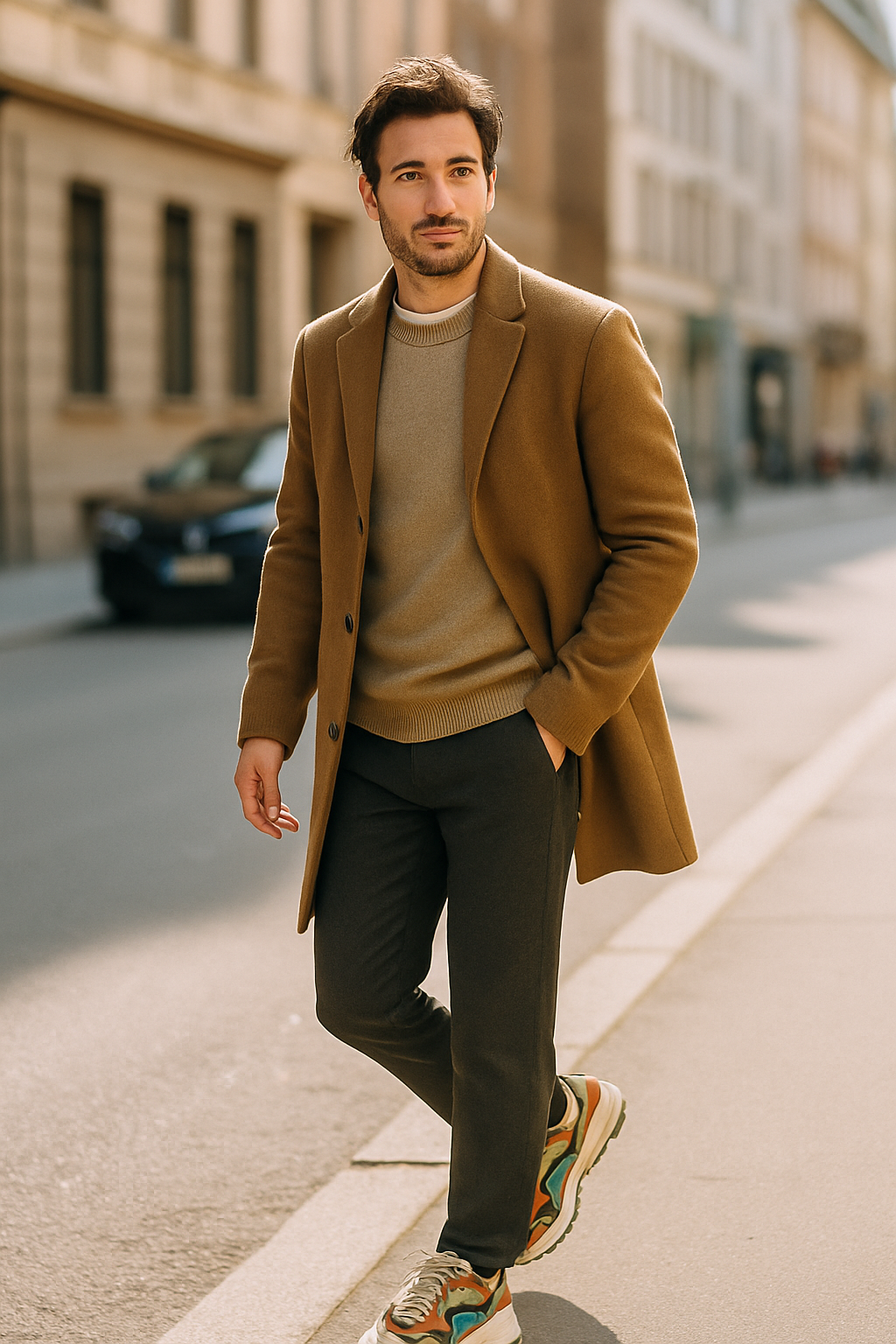 A man wearing a stylish outfit with a tailored coat and colorful sneakers, walking down the street.