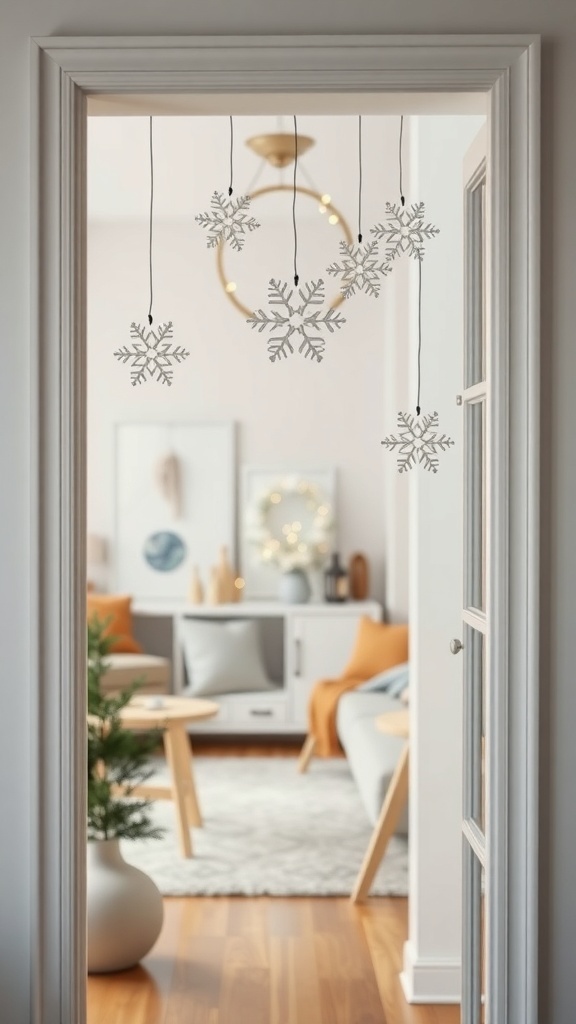 Decorative snowflake cut-outs hanging from a door frame