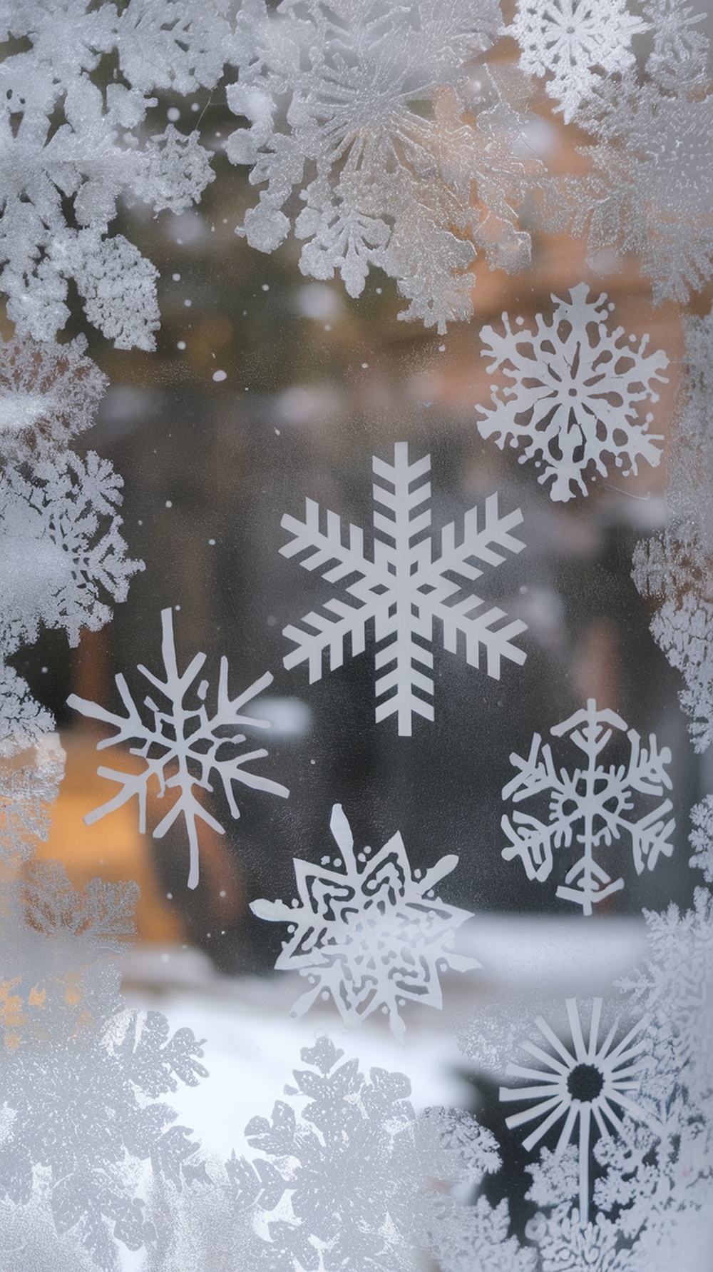 Decorative snowflake cutouts on a glass window