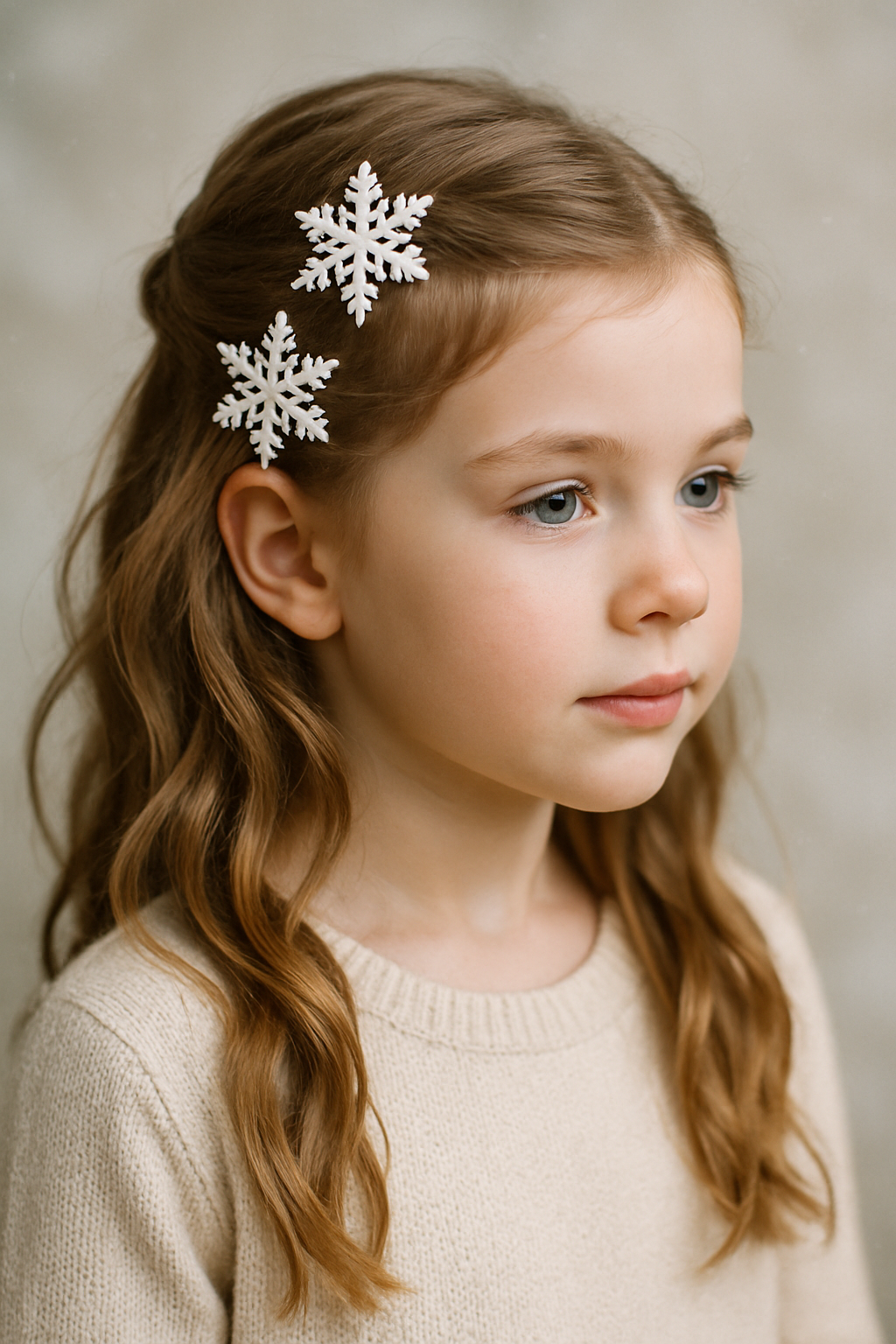 A young girl with wavy hair wearing white snowflake hair clips.
