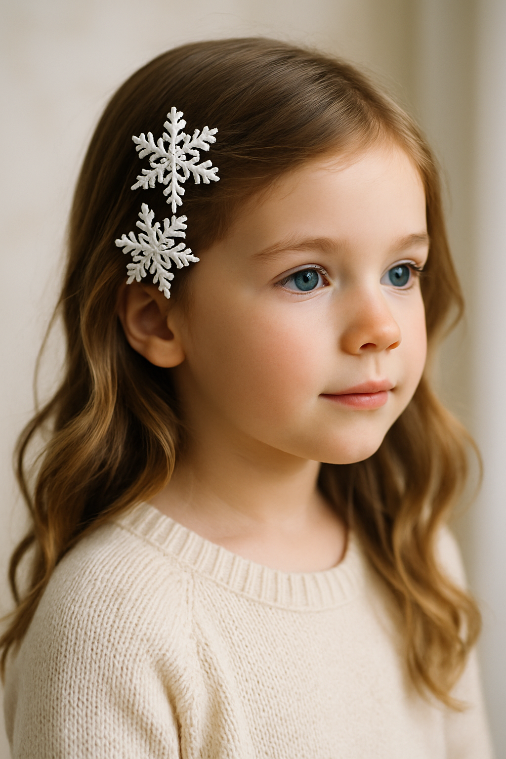 A young girl with long hair wearing white snowflake hair clips.